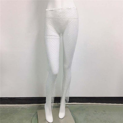 Fishnet Slit Pants Rhinestone Mesh Stretch Leggings 🇨🇳