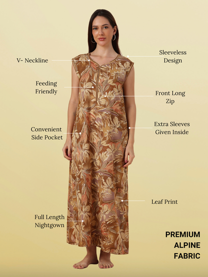Floral Yellow Alpine Print Sleeveless A Line Designer Nighty
