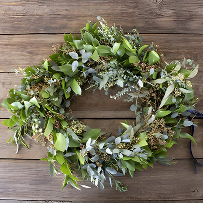 Floppy greenery mix wreath flatlay