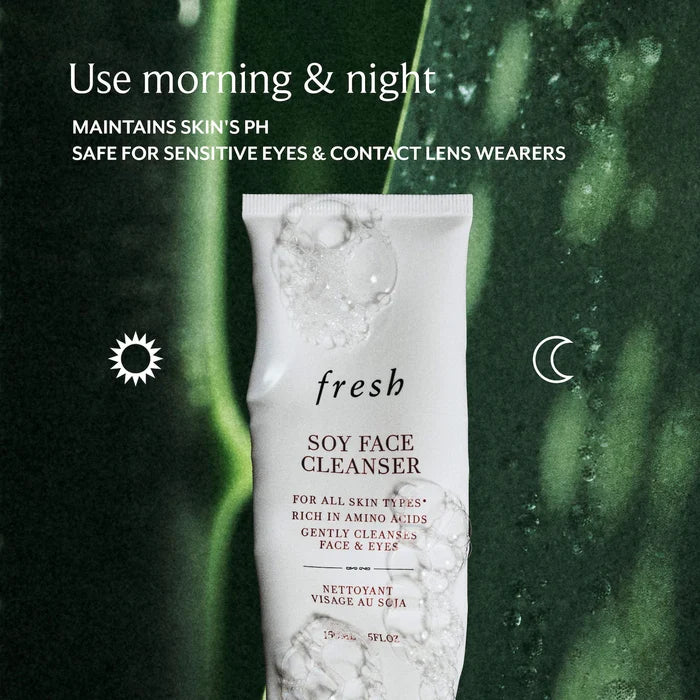 Fresh Soy Hydrating Gentle Face Cleanser 150ml bottle with clear label and pump dispenser, suitable for all skin types.