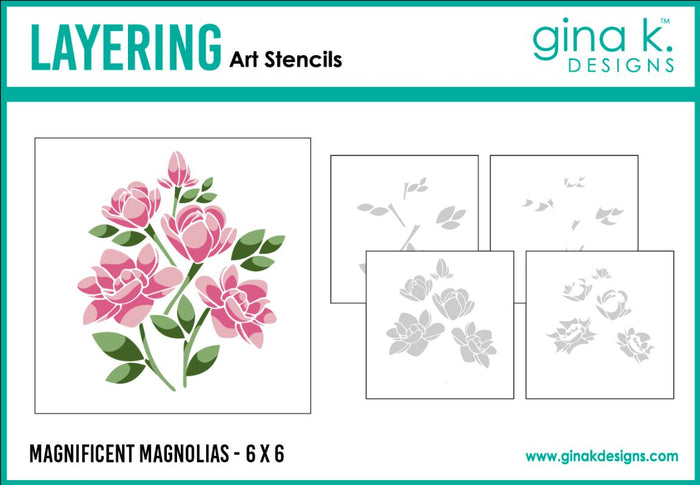 Gina K Designs - Layering Stencil - Magnificent Magnolias. Available at Embellish Away located in Bowmanville Ontario Canada.