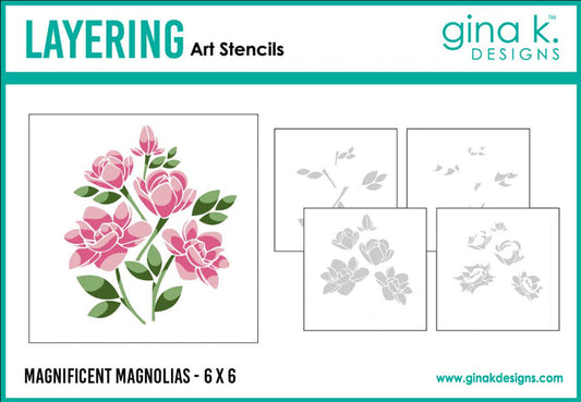 Gina K Designs - Layering Stencil - Magnificent Magnolias. Available at Embellish Away located in Bowmanville Ontario Canada.