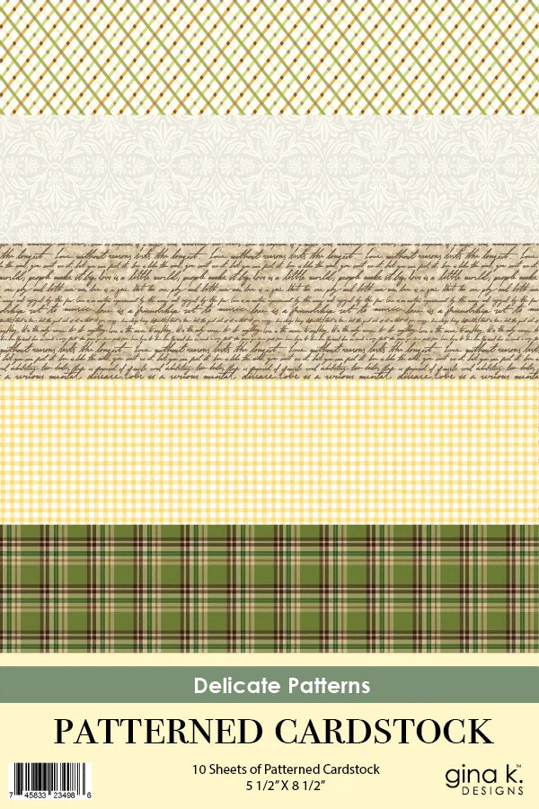 Gina K. Designs - Delicate Patterns Cardstock Pack. Includes: 10 Sheets. Available at Embellish Away located in Bowmanville Ontario Canada.