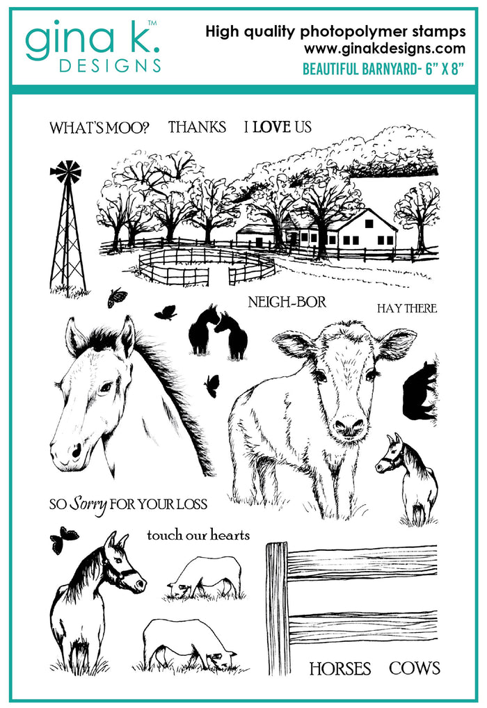 Gina K. Designs - Stamp & Die Set - Beautiful Barnyard. Melanie Muenchinger continues her nature series and follows up Farmyard Friends with the coordinating Beautiful Barnyard set. Available at Embellish Away located in Bowmanville Ontario Canada.