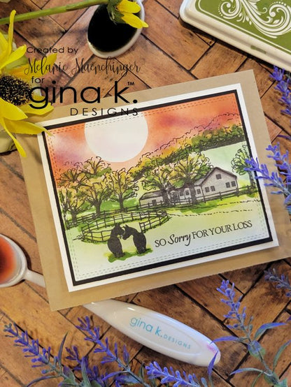 Gina K. Designs - Stamp & Die Set - Beautiful Barnyard. Melanie Muenchinger continues her nature series and follows up Farmyard Friends with the coordinating Beautiful Barnyard set. Available at Embellish Away located in Bowmanville Ontario Canada. Example by brand ambassador.