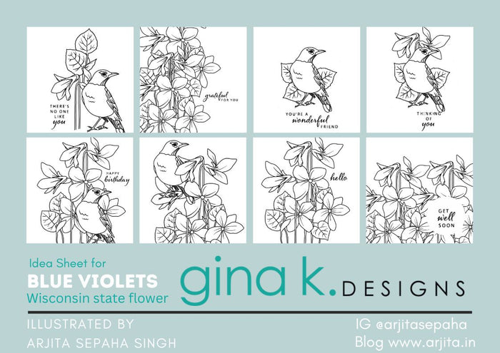 Gina K. Designs - Stamp & Die Set - Blue Violets. Blue Violet is a stamp set by Arjita Singh. This set is made of premium clear photopolymer and measures 6" X 8". The die set gives you the ability to cut out and layer, creating texture to your creation. Available at Embellish Away located in Bowmanville Ontario Canada. Idea Sheet by Arjita Sepha Singh