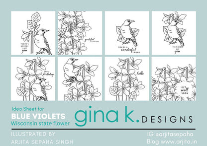 Gina K. Designs - Stamp & Die Set - Blue Violets. Blue Violet is a stamp set by Arjita Singh. This set is made of premium clear photopolymer and measures 6" X 8". The die set gives you the ability to cut out and layer, creating texture to your creation. Available at Embellish Away located in Bowmanville Ontario Canada. Idea Sheet by Arjita Sepha Singh