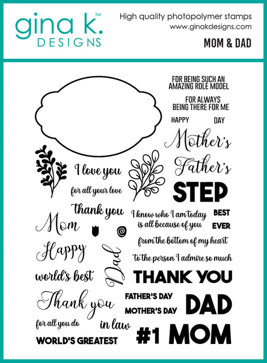 Gina K. Designs - Stamp & Die Set - Mom and Dad. Set by Beth Silaika. At Embellish Away in Bowmanville Ontario Canada.
