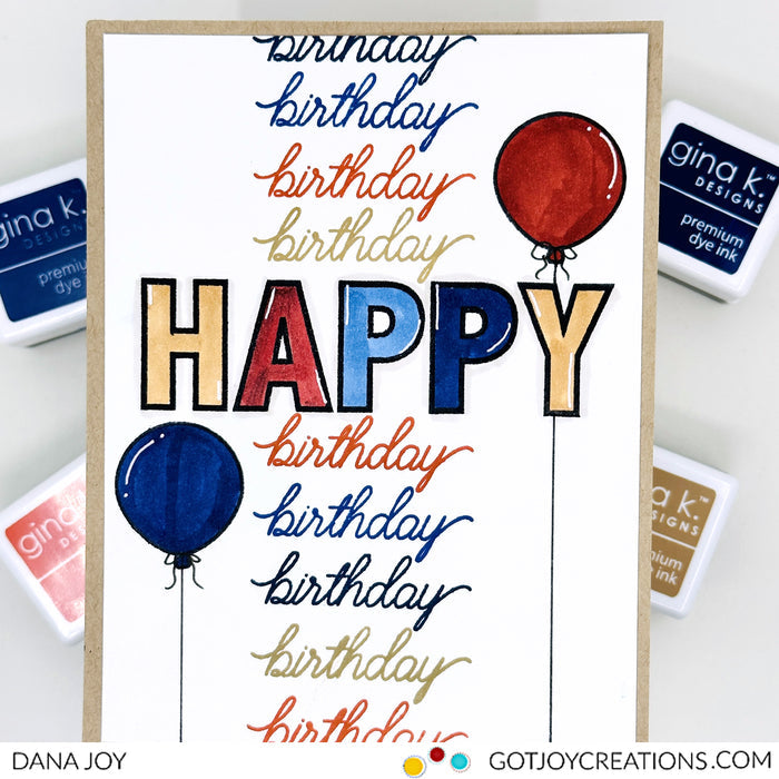 Gina K. Designs - Stamp & Die Set - Whole Lotta Happy. Whole Lotta Happy is a stamp & Die set by Beth Silaika. Use the Die set to build up and create dimension plus easy to cut out even to use as silhouettes. Made in the USA. Available at Embellish Away located in Bowmanville Ontario Canada. Example by brand ambassador.