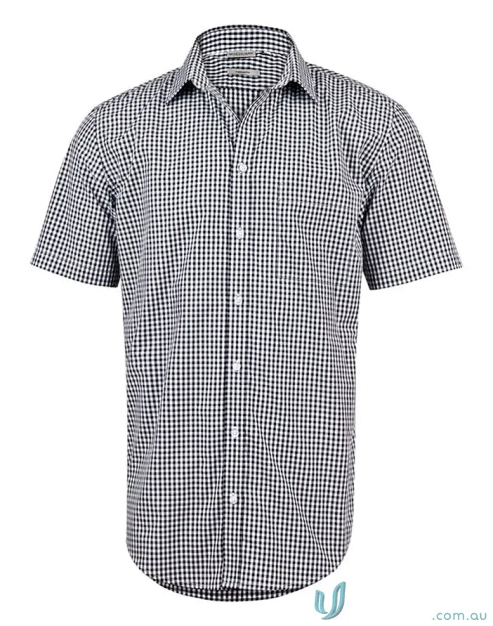 Winning Spirit Mens Gingham Roll Up S/S Shirt with black and white checkered pattern