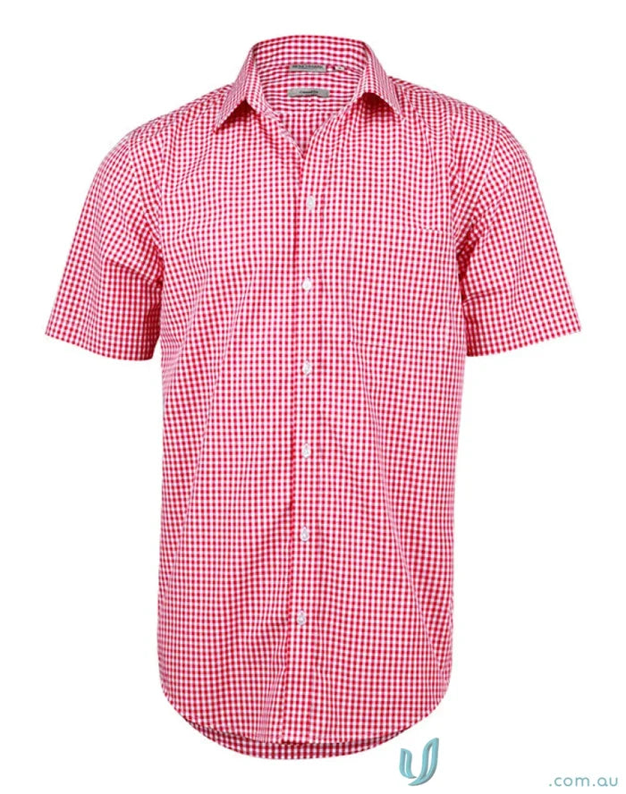 Red and white checkered mens gingham short-sleeve shirt from Winning Spirit Mens