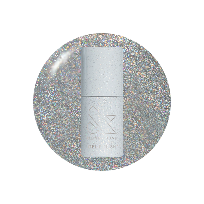 Silver nail polish bottle on a glittery silver background