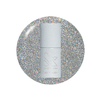 Silver nail polish bottle on a glittery silver background