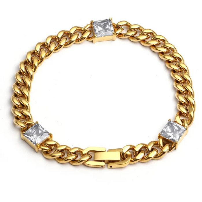 Gold-Plated Stainless Steel Cuban Link Bracelet with Zircon Stone