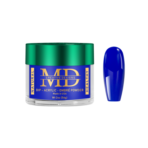 Blue nail powder in a green container with 'MD' branding on a white background