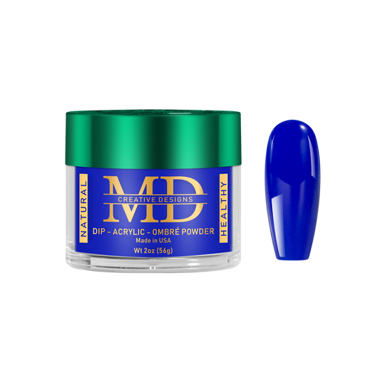 Blue nail powder in a green container with 'MD' branding on a white background