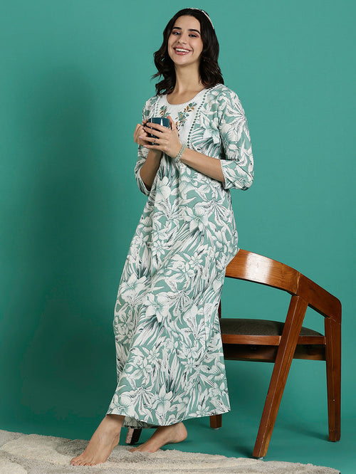 Green embroidered pure cotton nighty with 3/4 sleeves