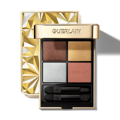 Guerlain Ombres G quad eyeshadow palette with multiple shades, featuring neutral and vibrant colors in a sleek compact.