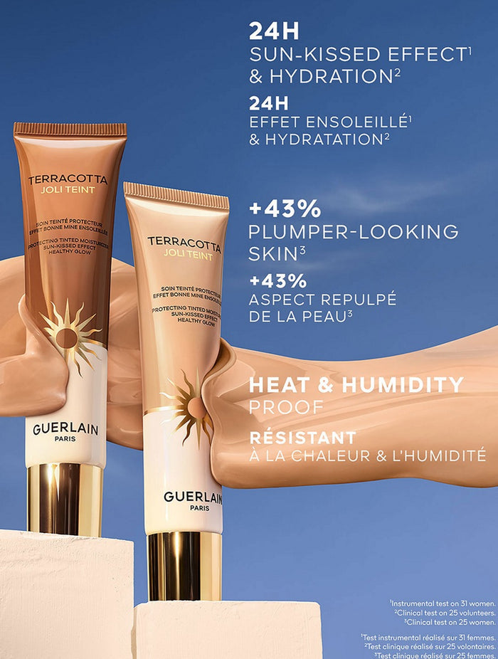 Guerlain Terracotta Joli Teint protecting tinted moisturizer in multiple shades, with smooth, natural-looking finish and lightweight texture.