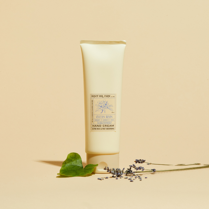Hand cream tube, pale-yellow, Clean Rain scent label