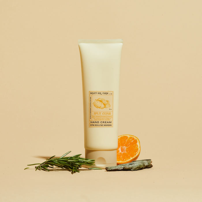 Hand cream tube, pale-yellow, with Honey Hill Farm scent label