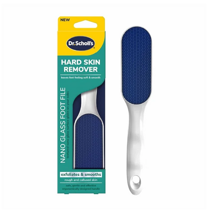 Dr. Scholl's nano glass foot file with blue textured head on white handle