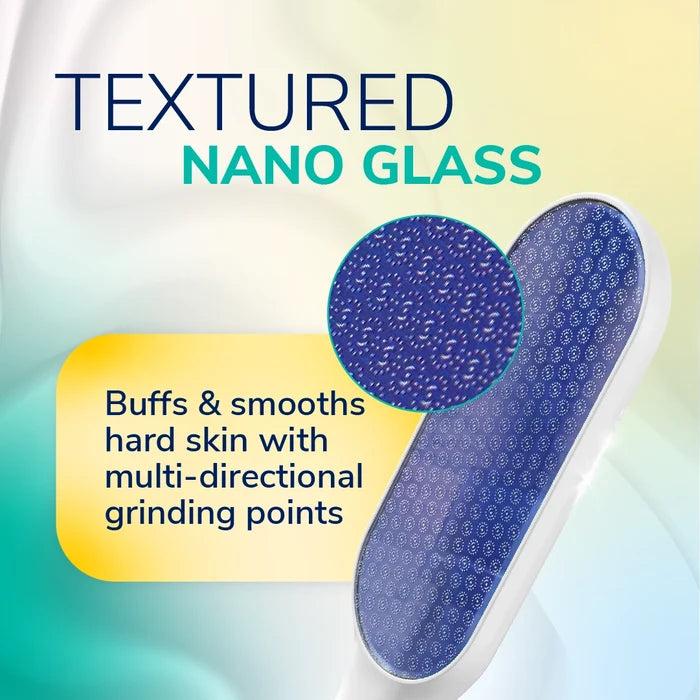 Blue curved nano glass foot file with textured sanding surface and white handle
