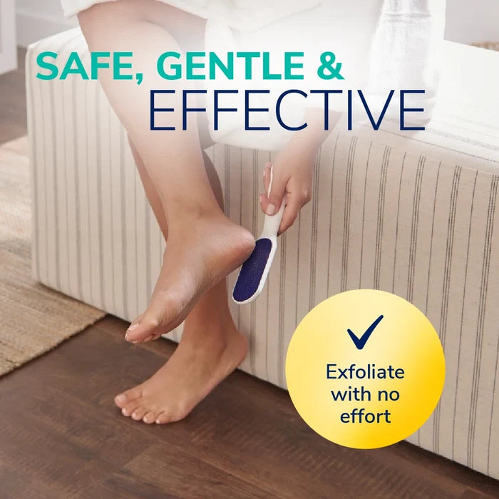 Foot file used on bare foot; blue textured nano glass head on white handle