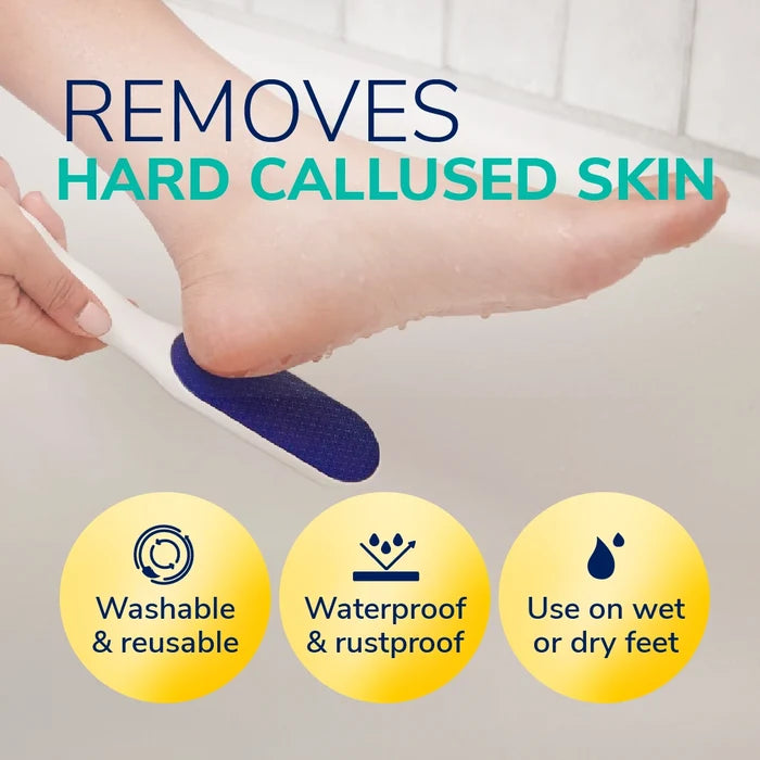 Nano glass foot file buffing a callused heel; blue textured head on white handle