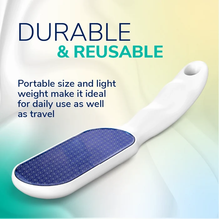 Blue nano glass foot file with white handle and textured sanding pad