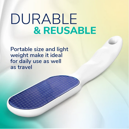 Blue nano glass foot file with white handle and textured sanding pad