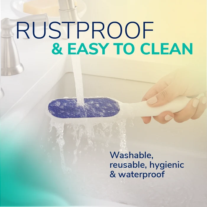 Nano glass foot file rinsed under running water; blue textured head and white handle