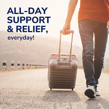 All-day support theme with person walking while wearing the insoles