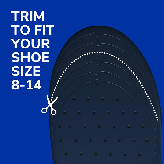 Shoe insert sizing guide, dark insole with perforations and dotted trim line