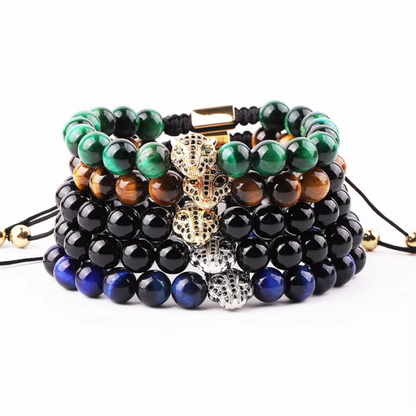 High Quality 8mm Natural Stone Beaded CZ Panther Charm Macrame Bracelet