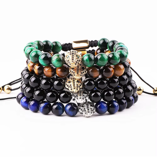 High Quality 8mm Natural Stone Beaded CZ Panther Charm Macrame Bracelet