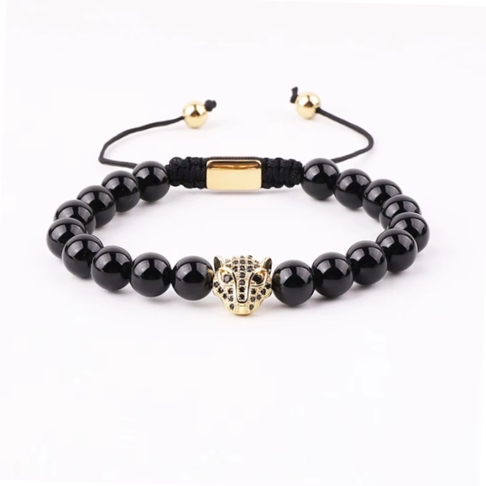 High Quality 8mm Natural Stone Beaded CZ Panther Charm Macrame Bracelet