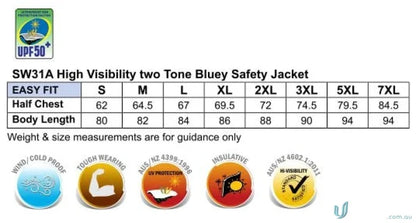 Safety jacket size chart and features for HiVis Bluey Jacket Spirit SW31A in hi-vis two tone style