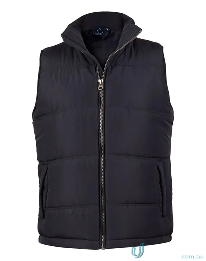 Black puffer vest from Winning Spirit Everest Vest collection, perfect pongee shell vest style