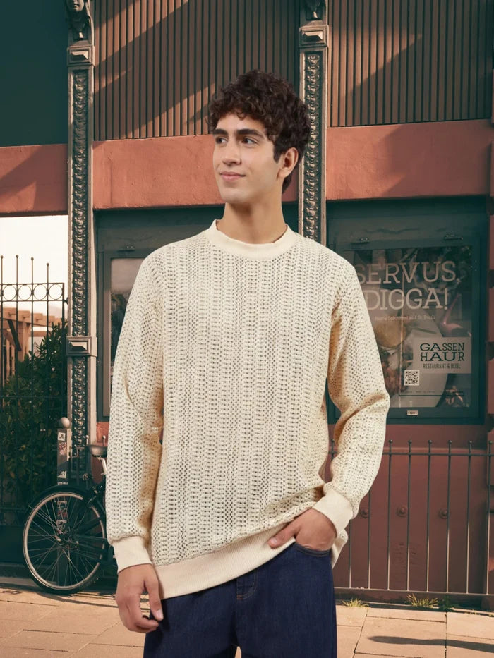 House Of Koala Beige Oversized Fit Premium Pure Cotton Crochet T-Shirt