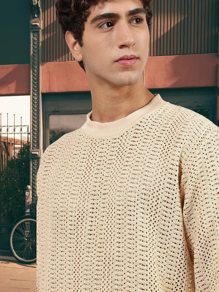 House Of Koala Beige Oversized Fit Premium Pure Cotton Crochet T-Shirt