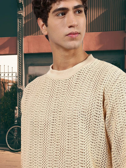 House Of Koala Beige Oversized Fit Premium Pure Cotton Crochet T-Shirt