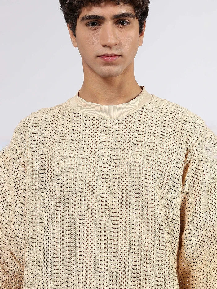 House Of Koala Beige Oversized Fit Premium Pure Cotton Crochet T-Shirt