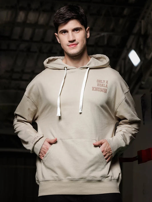House Of Koala Beige Relaxed Fit Printed Hoodie Sweatshirt