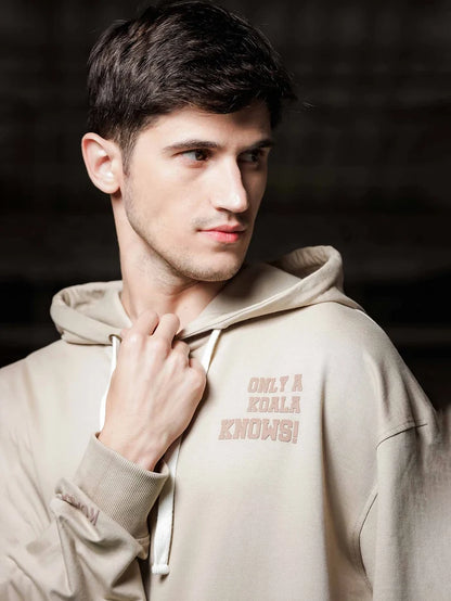 House Of Koala Beige Relaxed Fit Printed Hoodie Sweatshirt