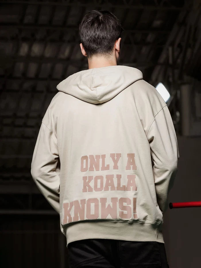 House Of Koala Beige Relaxed Fit Printed Hoodie Sweatshirt