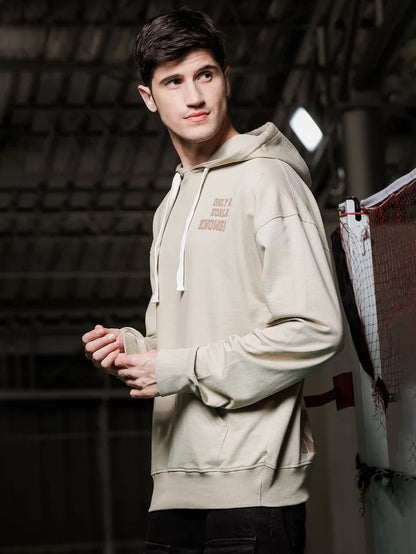 House Of Koala Beige Relaxed Fit Printed Hoodie Sweatshirt