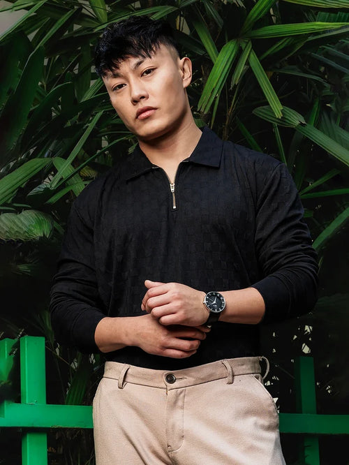 House Of Koala Black Solid Textured Cable Knit Drop-Shoulder Relaxed Fit Polo Neck Full Sleeve T-Shirt