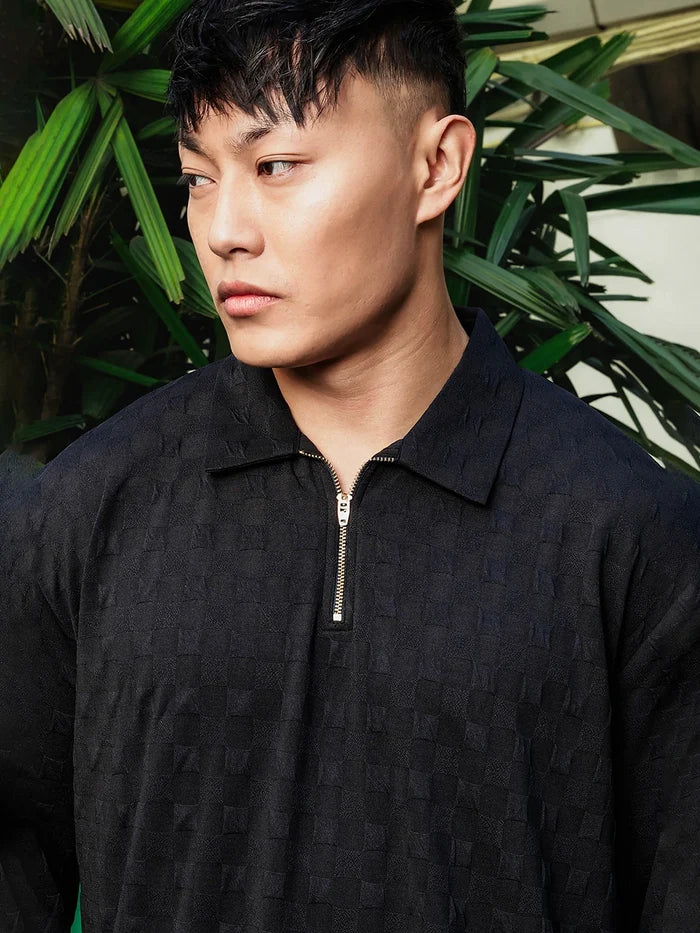 House Of Koala Black Solid Textured Cable Knit Drop-Shoulder Relaxed Fit Polo Neck Full Sleeve T-Shirt
