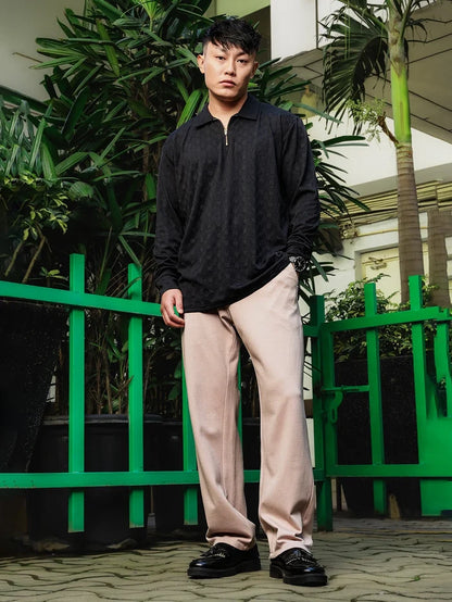 House Of Koala Black Solid Textured Cable Knit Drop-Shoulder Relaxed Fit Polo Neck Full Sleeve T-Shirt